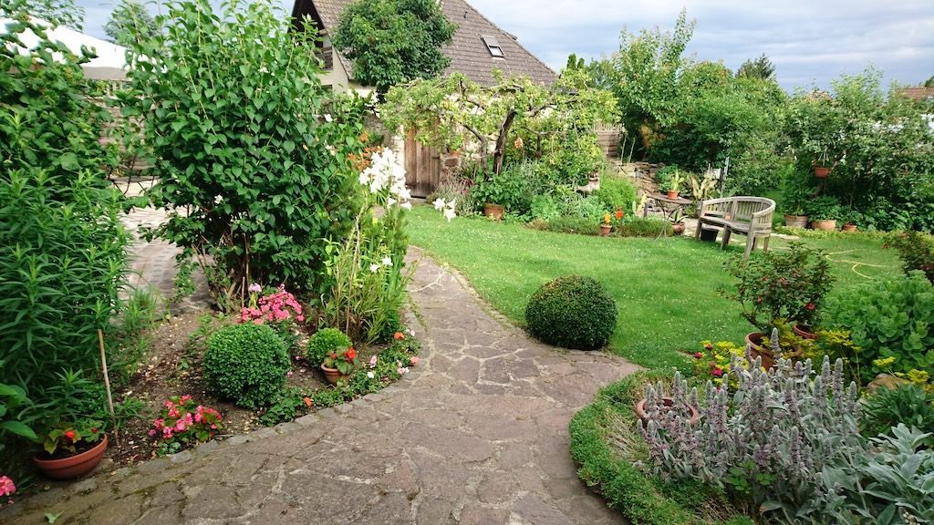 Gepflegter Garten mit Rasen, verschiedenen Sträuchern, Blumen und einem gepflasterten Weg vor einem Haus mit sichtbarem Dach.
