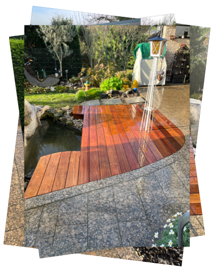 Wasserspiele mit Holzboden in die Terrasse integriert. 