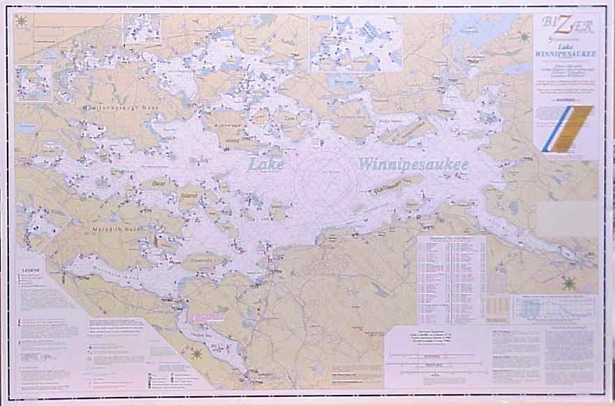 Lake Winnipesaukee nautical chart with depth contours and navigational markers.