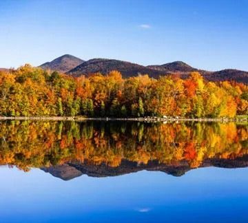 Autumnal trees reflect on a calm lake, mountains in the distance, clear blue sky.