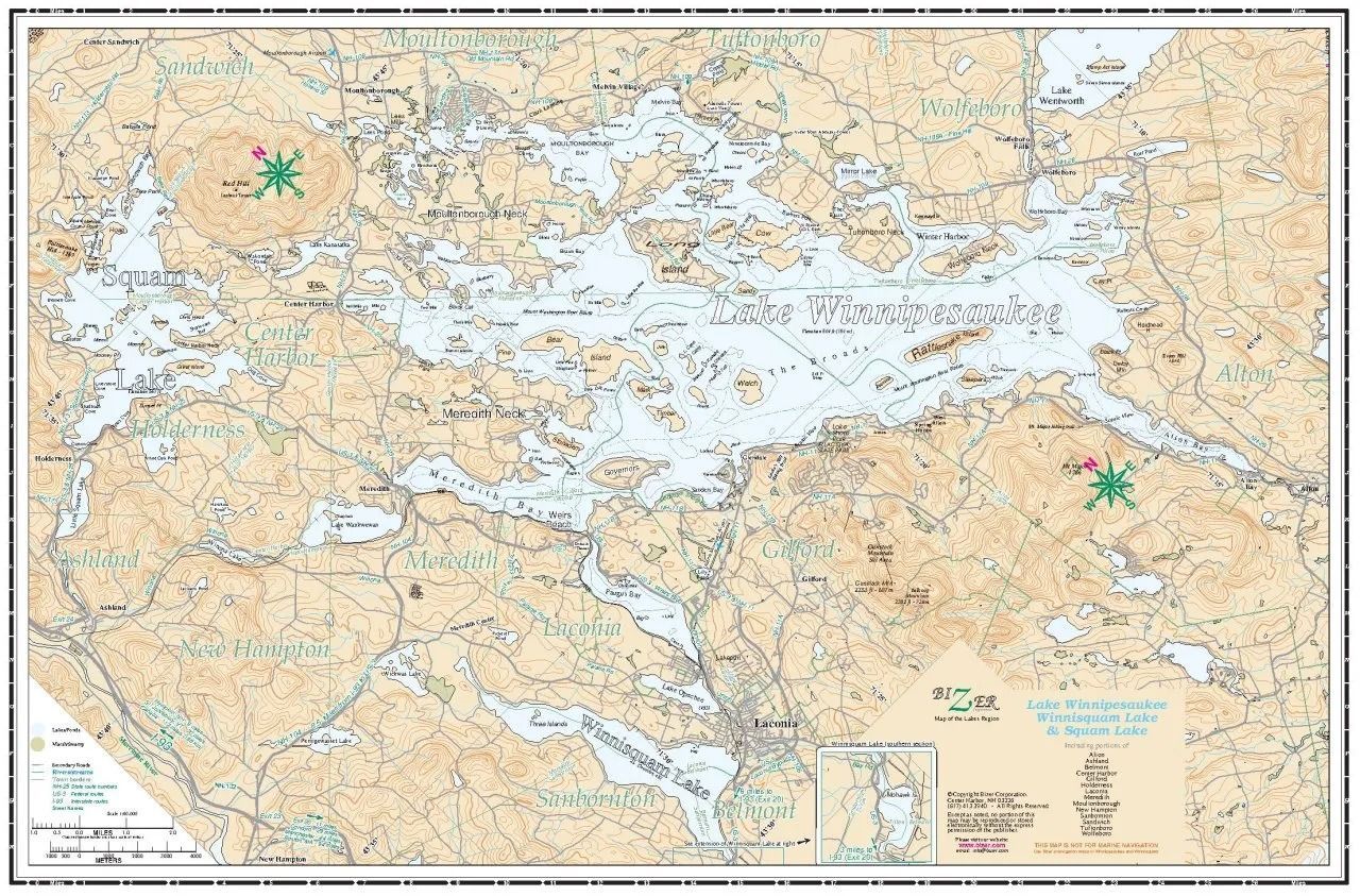 Map of a lake with surrounding land. Includes green symbols and blue water with brown land.