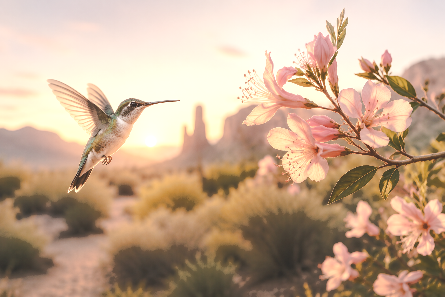 Watercolor hummingbird in orange and peach, hovering with wings outstretched on a white background
