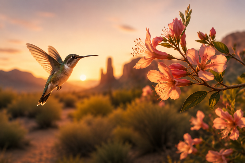Watercolor hummingbird in orange and peach, hovering with wings outstretched on a white background
