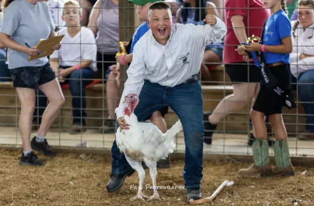 Man in a white shirt smiling while holding a sheep in a livestock pen at a fair