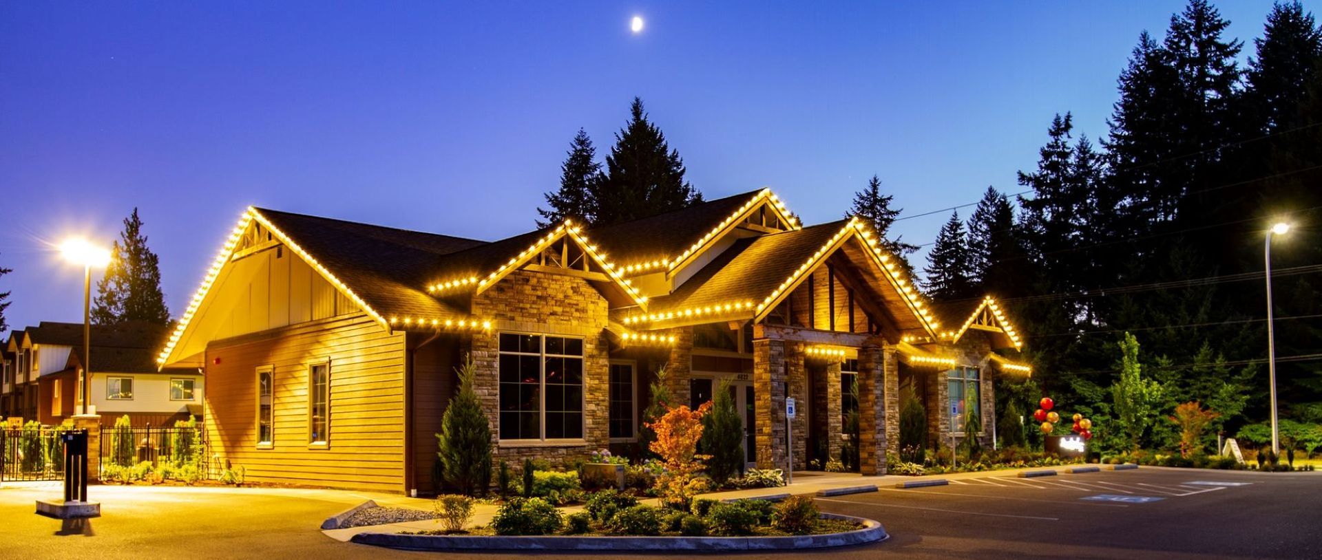 A large house is lit up with christmas lights at night