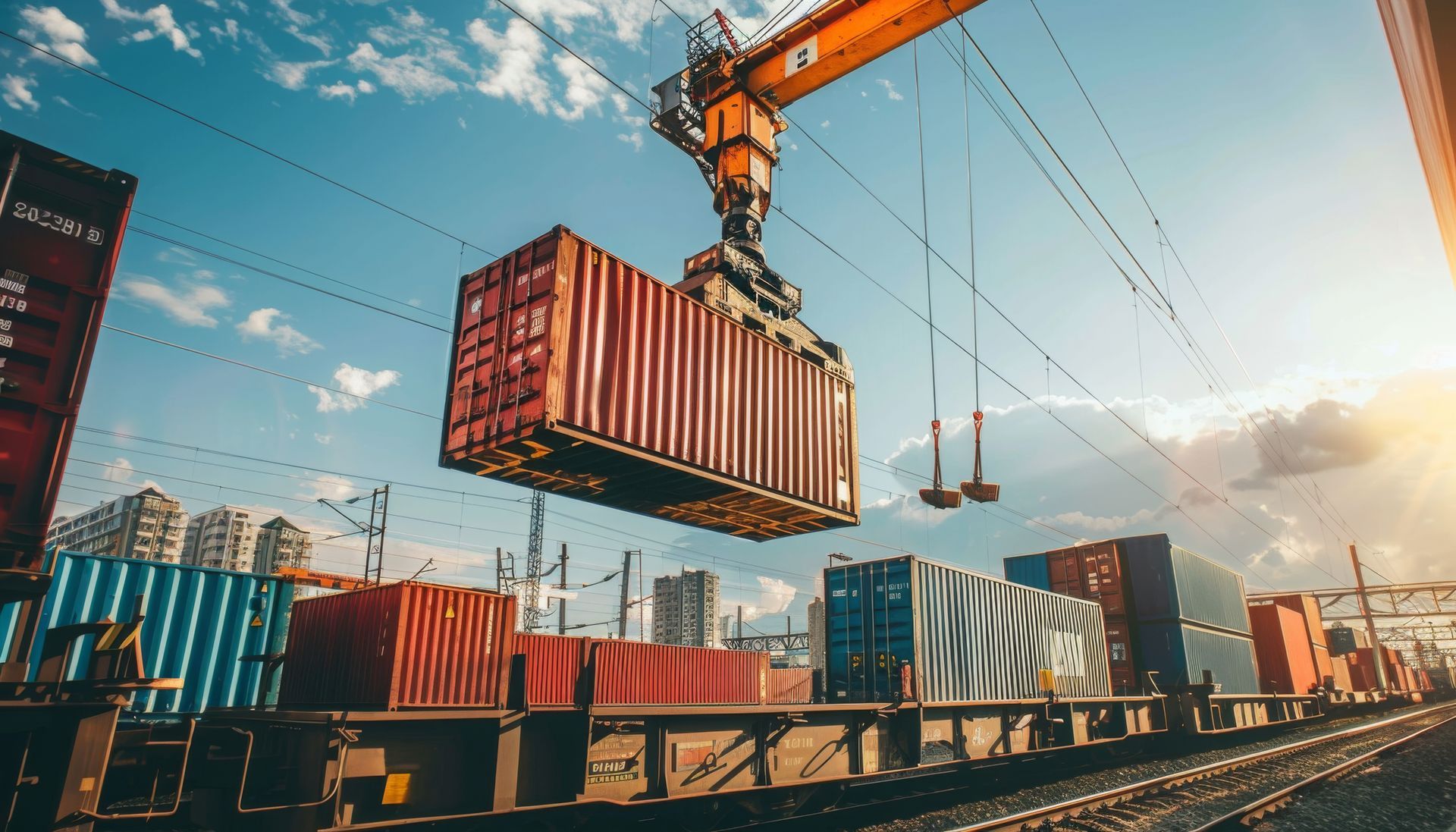 Crane lifting shipping container at industrial rail yard in Detroit.
