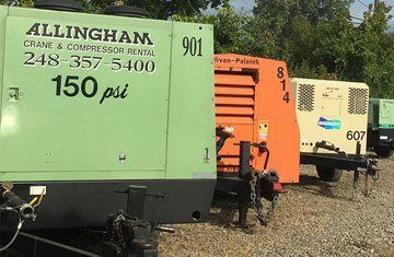 Air Compressors On Trailers, Green With Rental Info, Orange With Number 814.