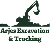 Silhouette of an excavator on a worksite. Text reads "Arjes Excavation & Trucking."
