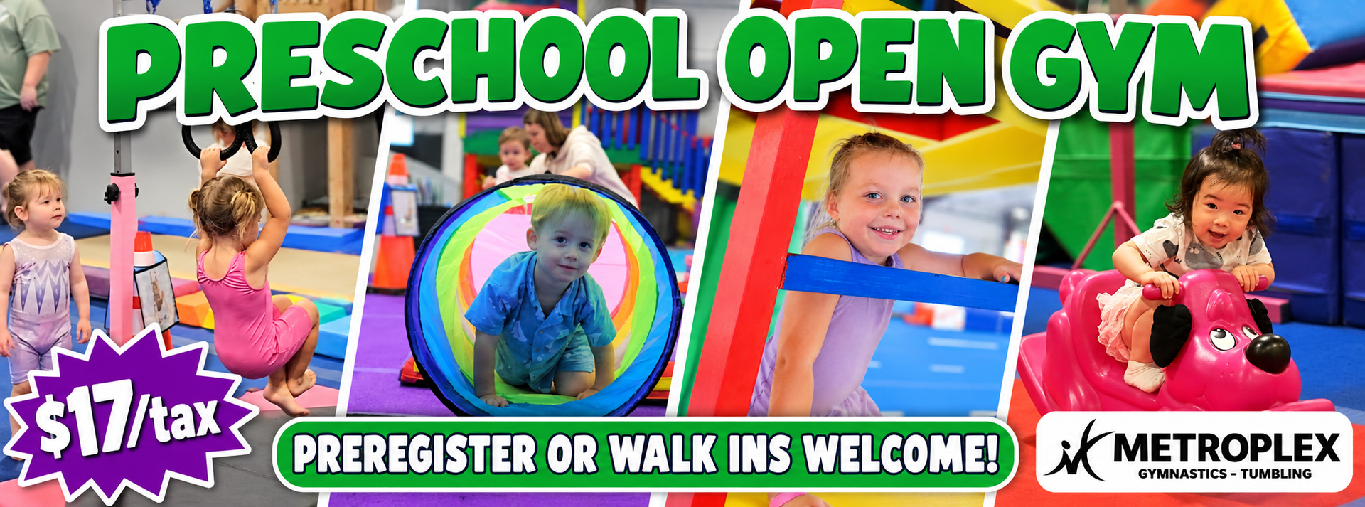 Preschool open gym promotion: Children playing on gym equipment. Text states 