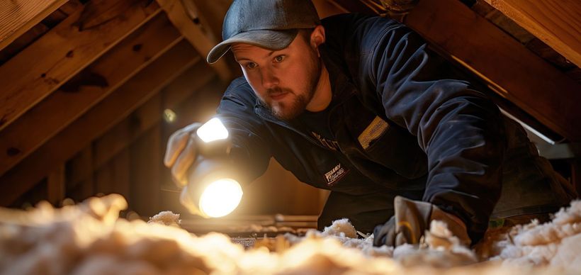 Worker inspecting insulation in a dim attic with a flashlight