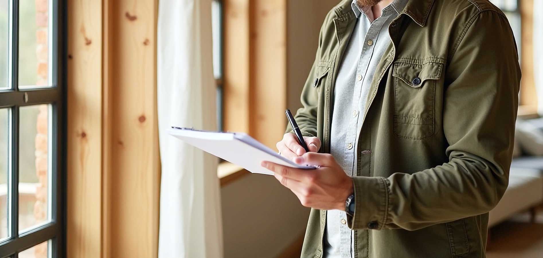 Person holding a clipboard by a sunlit window, wearing a green jacket over a white shirt.