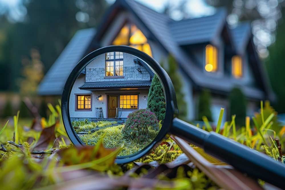 Magnifying glass focused on a lit house with a blue roof and green lawn at dusk