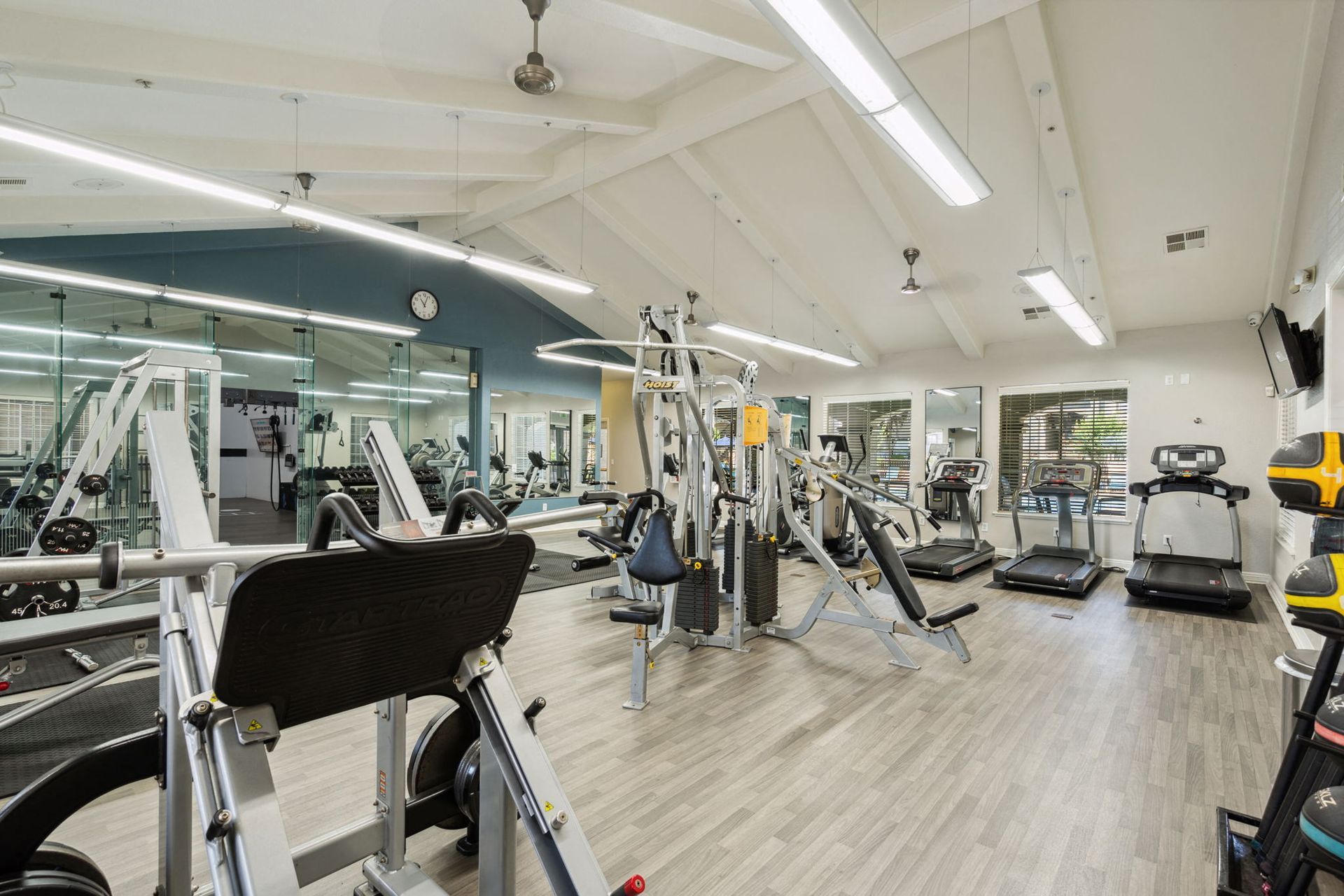 Interior view of a modern on-site apartment gym with cardio machines and weight equipment at River Oaks.