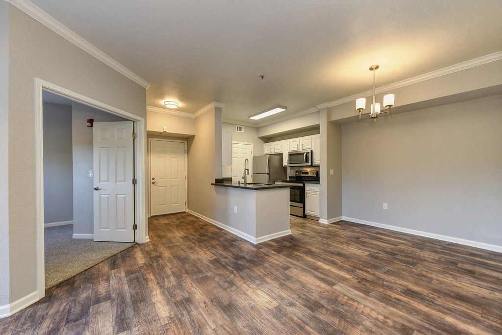 Open-concept living area with a kitchen island and stainless steel appliances in a modern apartment at River Oaks.