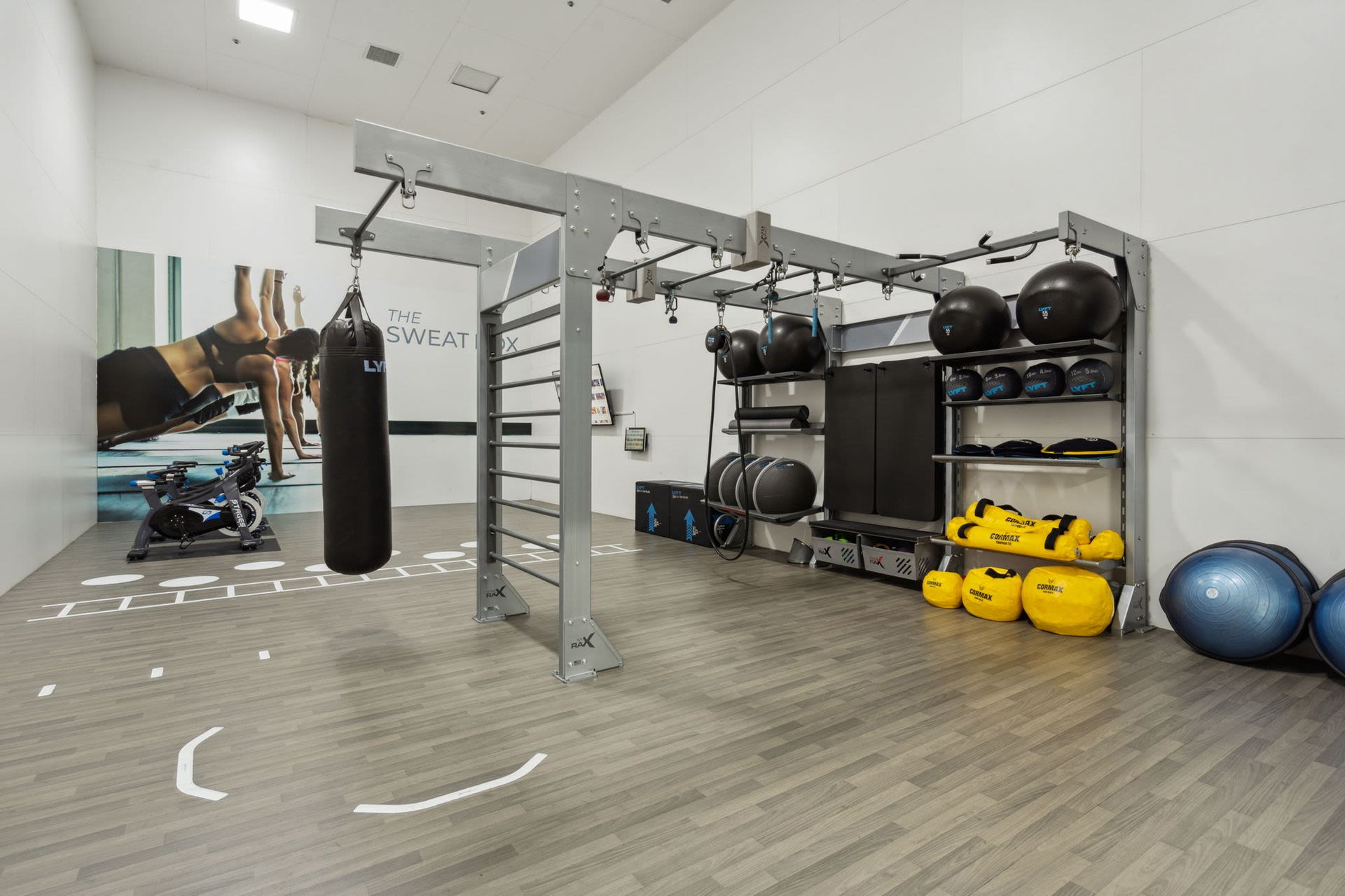 Gym interior with exercise equipment: punching bag, climbing bars, medicine balls, and weights on shelves at River Oaks.