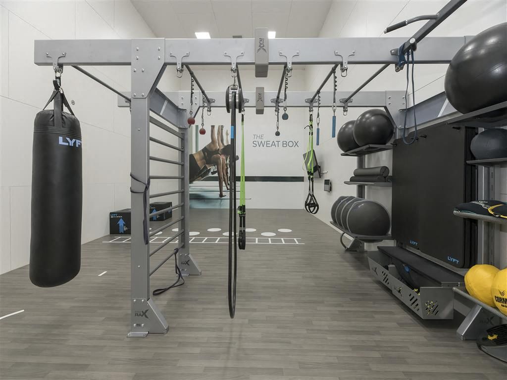 Interior of a residential gym with a metal frame, punching bag, medicine balls, and training equipment at River Oaks.