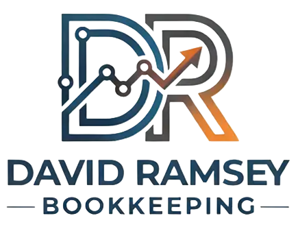 David Ramsey Bookkeeping logo with blue-gray DR letters and an upward orange arrow