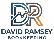 David Ramsey Bookkeeping logo with blue-gray DR letters and an upward orange arrow