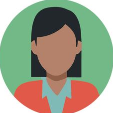 Illustrated person avatar with dark hair, red jacket, and teal shirt on a green circular background