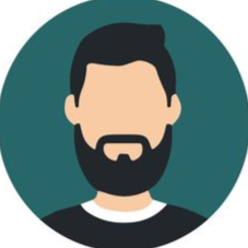 Stylized bearded avatar with dark hair on a teal circle background