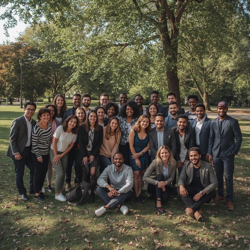 Un groupe de collègues pose ensemble dans un parc arboré, souriant et disposés en deux rangs.