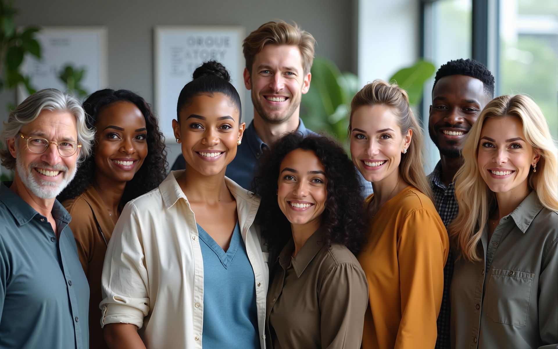 Un groupe de collègues souriants pose à l'intérieur d'un hall d'immeuble de bureaux lumineux.