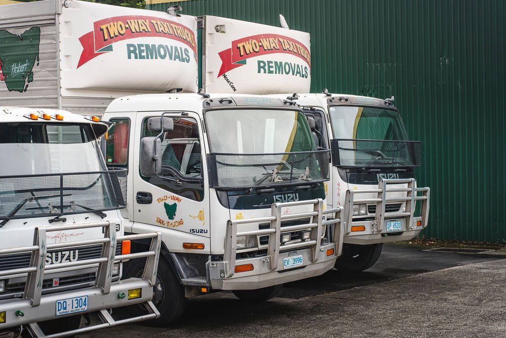 Three white tipper trucks parked beside a green warehouse, with red-and-yellow logos on top.