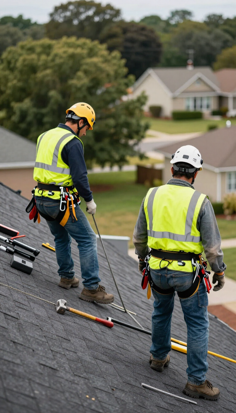 Two roofers in safety vests and helmets working on a shingled roof with tools nearby