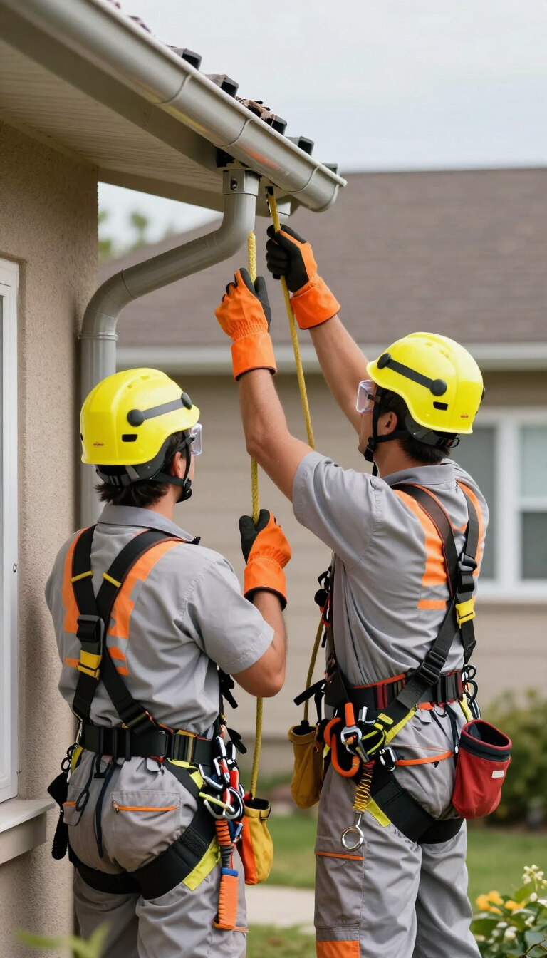 Two utility workers in safety gear inspect a gutter on a house roof using long poles.