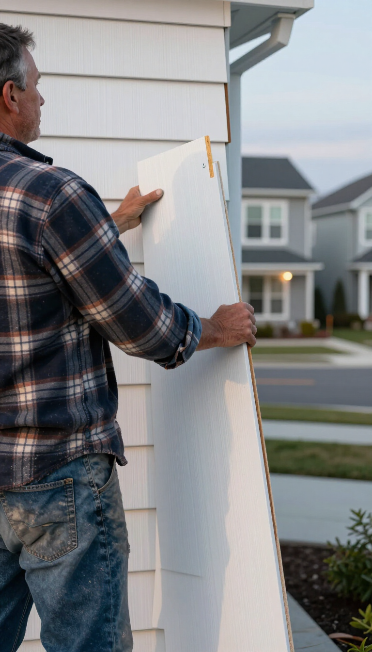 Man carrying a large white board outside a suburban house at dusk