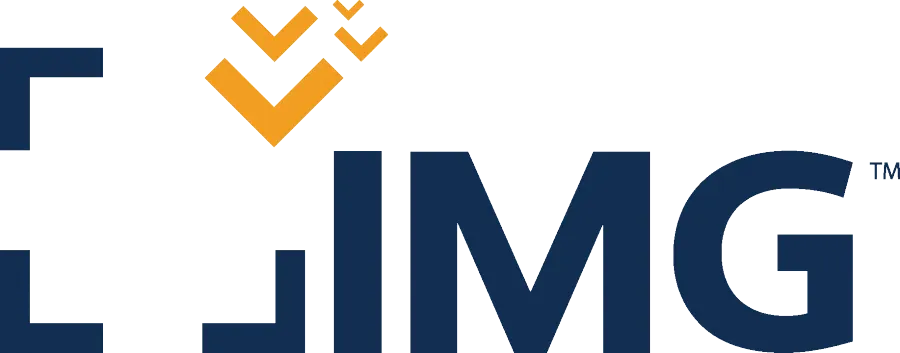 IMG logo with dark blue text and orange geometric mark on a white background