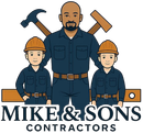 Mike & Sons Contractors logo with three construction workers and crossed tools over the company name