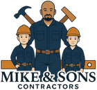 Mike & Sons Contractors logo with three construction workers and crossed tools over the company name