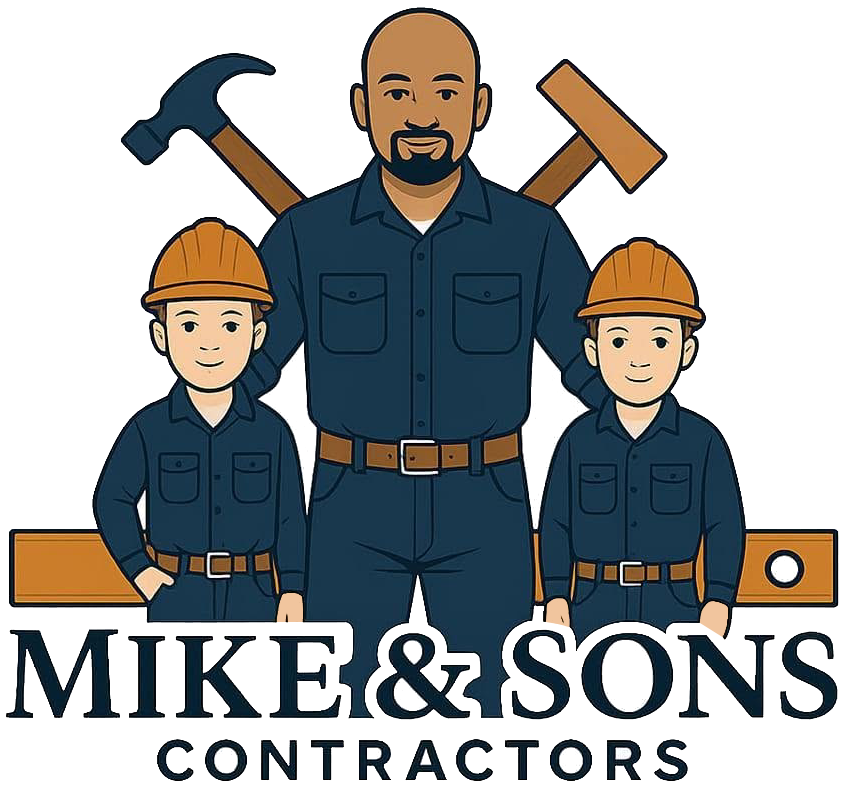 Mike & Sons Contractors logo with three construction workers and crossed tools over the company name