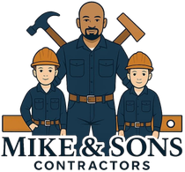 Mike & Sons Contractors logo with three construction workers and crossed tools over the company name