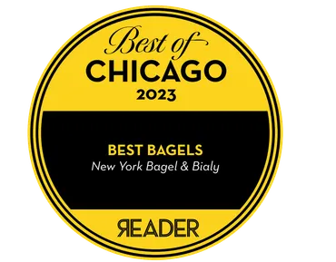 Best of Chicago 2023 award, yellow and black, for Best Bagels (New York Bagel & Bialy). Reader logo.