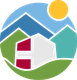 Una casa è circondata da montagne e da un sole in cerchio.