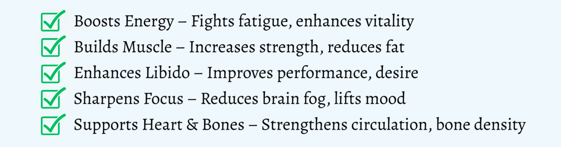 A list of benefits of a product including boosts energy