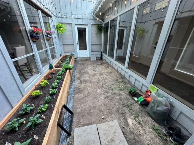 Enclosed garden with raised beds, a dirt path, and screen windows. String lights hang above.