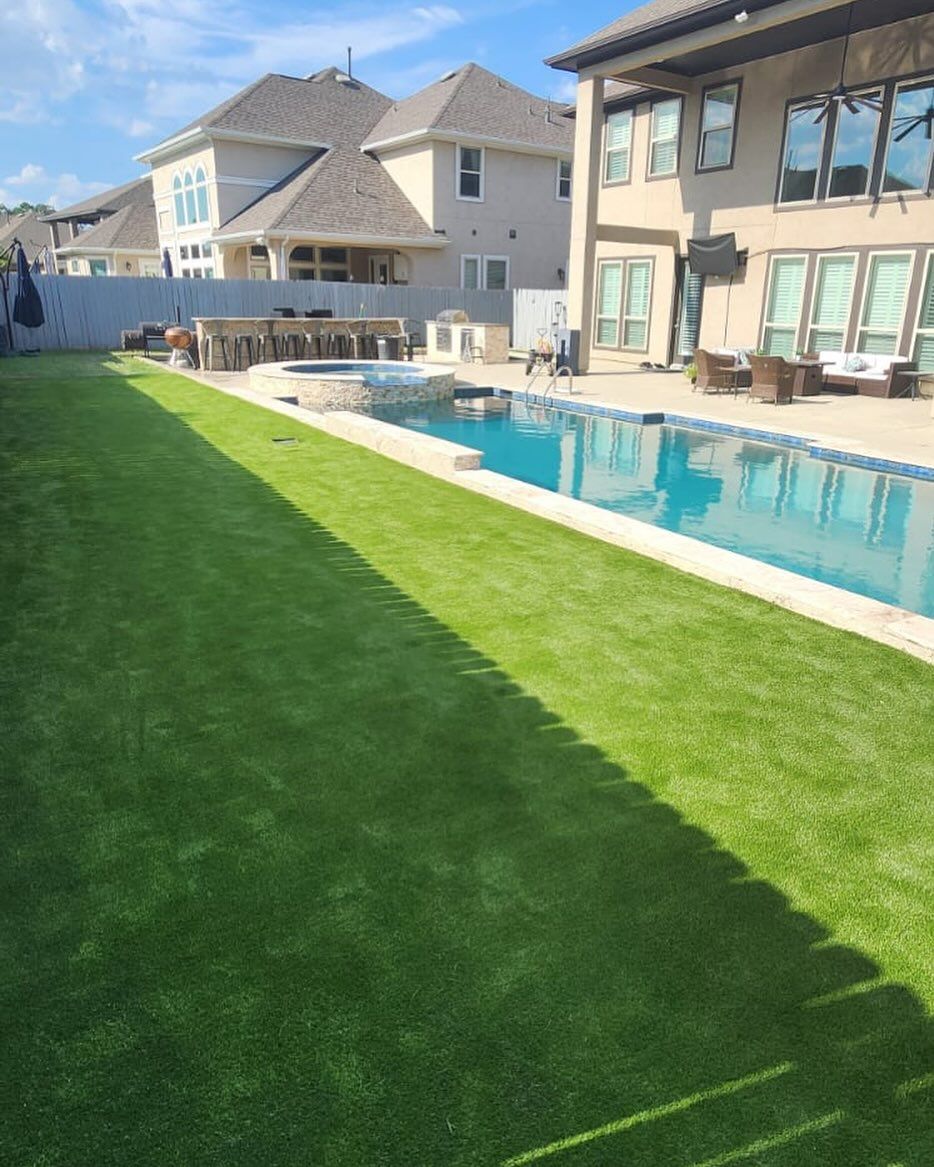 Backyard with a swimming pool, green lawn, and two-story houses. Sunny day with shadows.