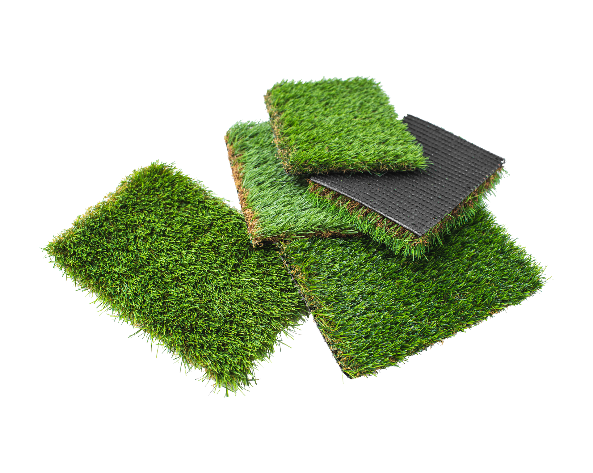Samples of artificial turf in varying shades of green, stacked on a white background.