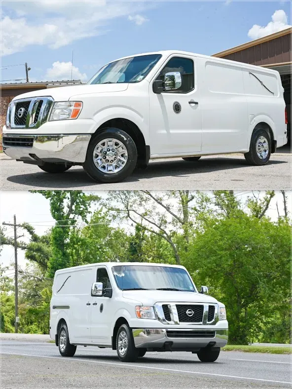 White commercial cargo van shown from side and front on a road outdoors