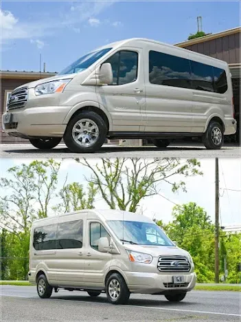 Silver passenger van parked on a road, shown from the front and side in two outdoor views.