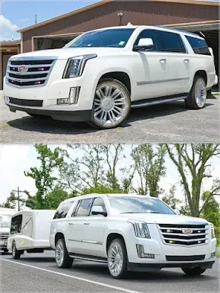 White Cadillac Escalade SUV shown in two angles, parked outdoors on a sunny day.