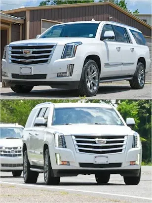 White Cadillac Escalade SUV shown from front and side views on pavement outdoors