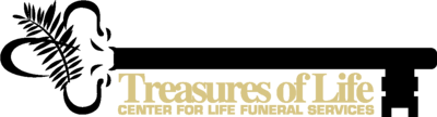 Treasures of Life funeral services logo with black butterfly and gold text on a white background
