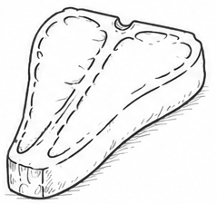Schizzo di una bistecca cruda, delineata in nero su sfondo bianco.