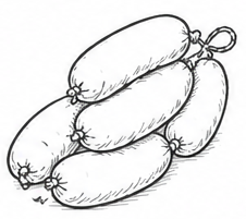 Pila di salsicce legate, disegno in bianco e nero.