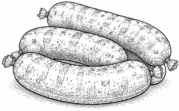Schizzo di una bistecca cruda, delineata in nero su sfondo bianco.