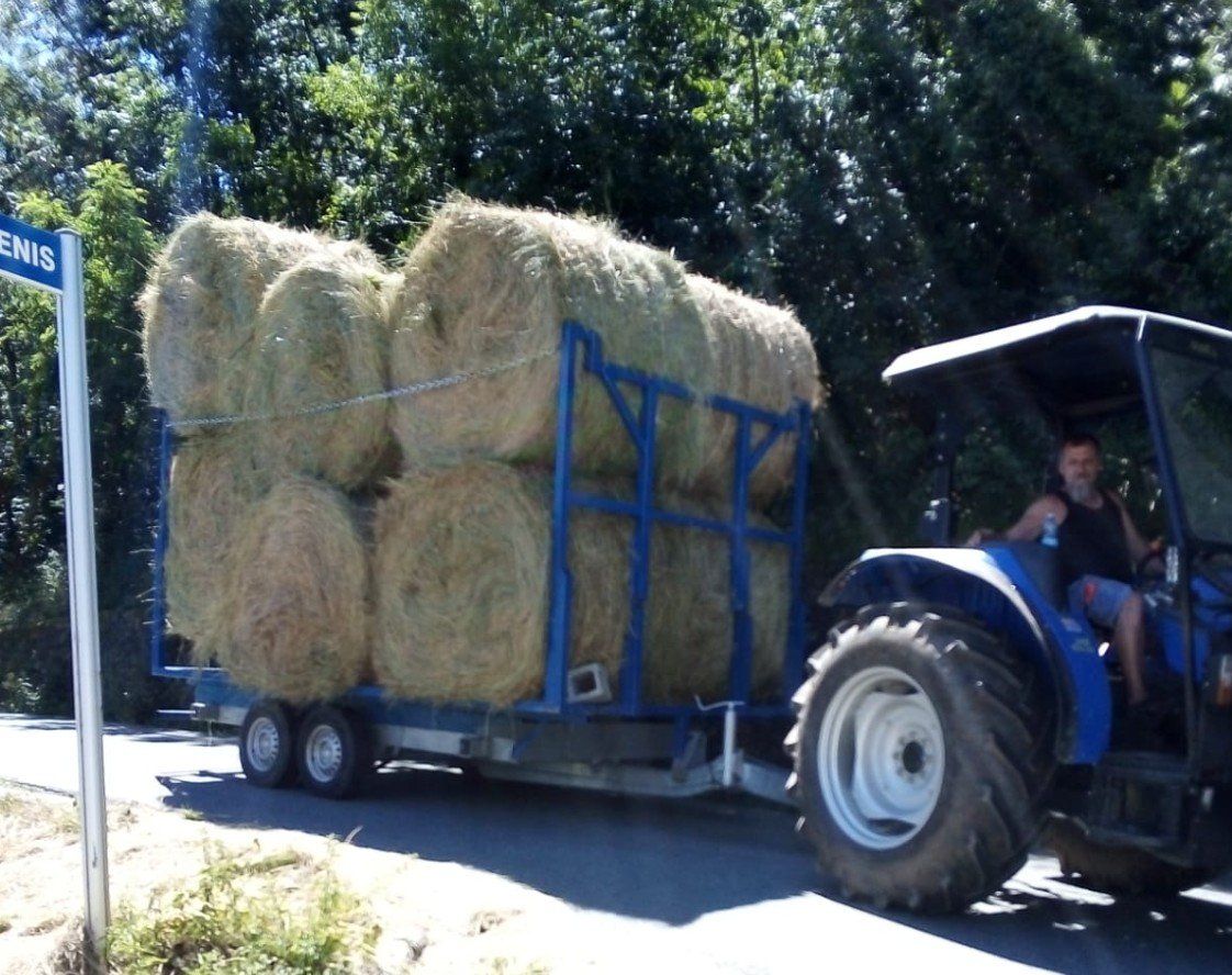 Trattore che traina un rimorchio carico di balle di fieno su una strada soleggiata